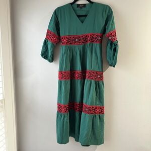 Tiba Fashion Midi Dress Womens 2 Green Excellent Embroidered Tiered V-Neck Egypt